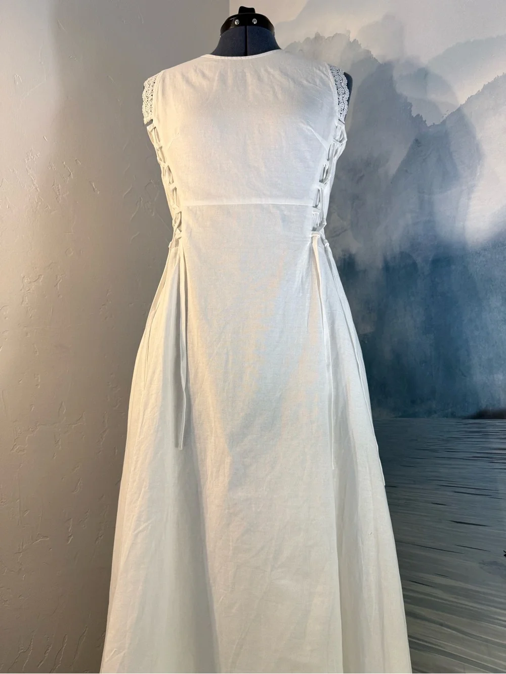 Sleeveless White Midi Dress with Lace-Trim Details #177